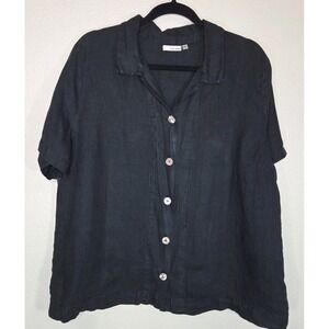 Marc Ware 100% Linen Black Button Front Top Short Sleeve Oversized XL Minimalist